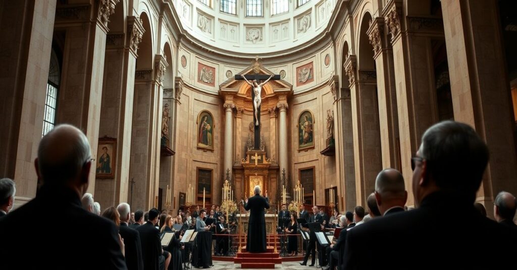 The Basilica di Santa Pudenziana in Rome during a modernist concert by Sinag Himig Chorale, highlighting the desecration of sacred space with a focus on Fr. Mark Robin Destura RCJ, conductor Jarom Pinlac, and manager Chi De Dios.