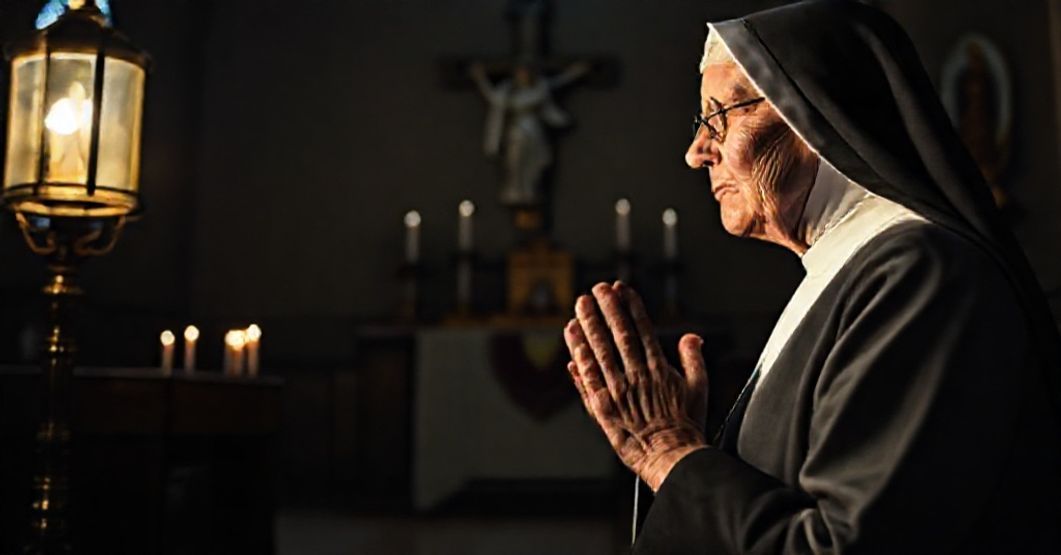Sister Angela Sinopoli in traditional habit praying before a tabernacle in a Catholic church.