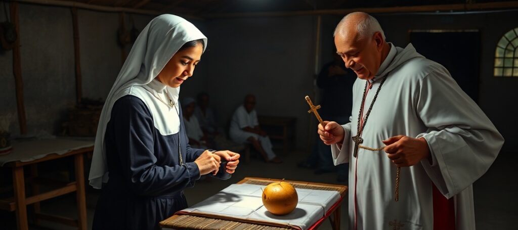 Portrait of Sister Eva Fidela Maamo performing surgery in a rural setting with Indigenous patients, highlighting the absence of supernatural focus in modern Catholic activism.
