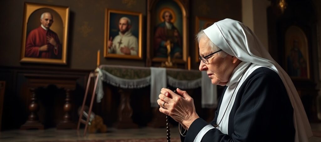Elderly Dominican nun Sister Francis Piscatella kneels in prayer in a traditional Catholic chapel.
