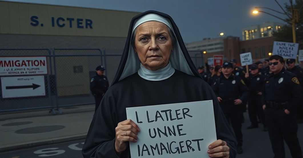 A somber depiction of Sister JoAnn Persch protesting outside an ICE facility, symbolizing the subversion of Catholic charity for secular activism.