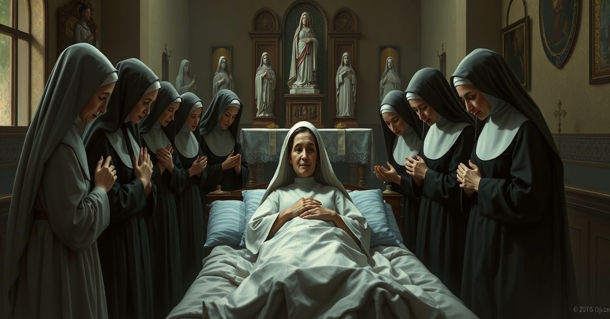 Sister Maria Dulcissima in traditional habit praying in a pre-Vatican II chapel with Sisters of Mary Immaculate.