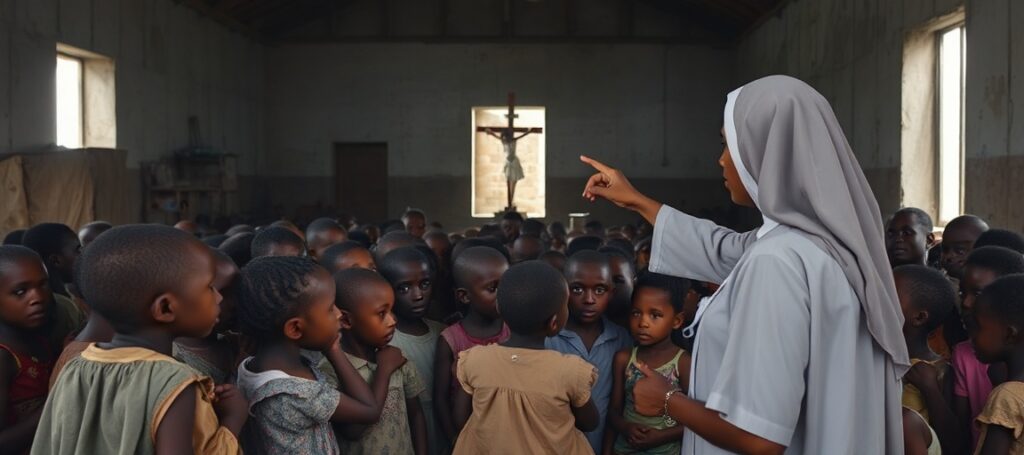 Sister Paesie teaching catechism to orphaned children in Cité Soleil, Haiti, amidst gang violence and poverty. A stark depiction of hope and faith in the face of despair.
