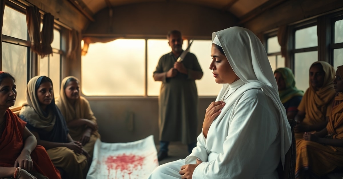 Photorealistic depiction of Blessed Sister Rani Maria Vattalil's martyrdom scene with tribal villagers and her killer in the background