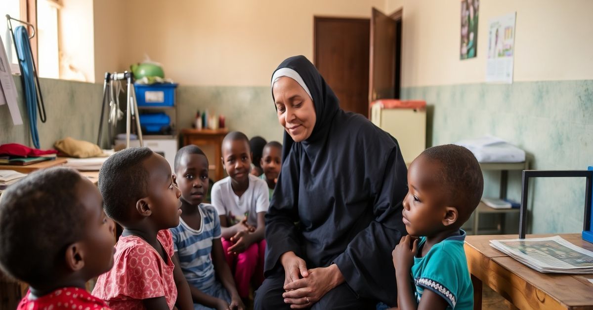 A traditional Catholic nun at Siuyu Rehabilitation Centre in Tanzania offering spiritual care and education to children with disabilities.