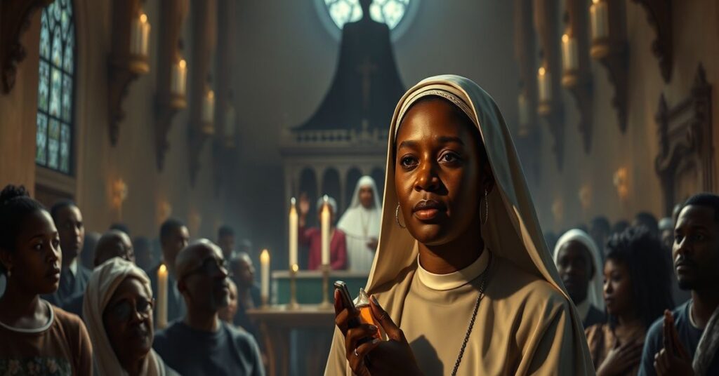 Sister Thea Bowman surrounded by worshippers, symbolizing the betrayal of Catholic doctrine by modernist influences