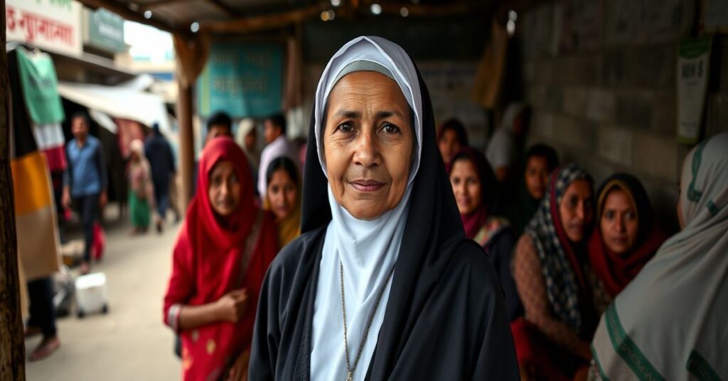 Sister Zita Rema in Bangladesh providing humanitarian aid to migrants amidst an urban setting with Islamic influences, representing modernist detachment from Catholic doctrine.