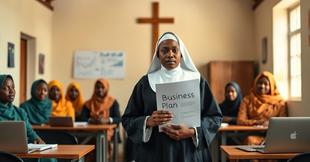 A religious sister in a traditional habit stands pensively in front of a classroom in Africa, holding a business document, symbolizing the clash between spiritual vocation and secular entrepreneurship.