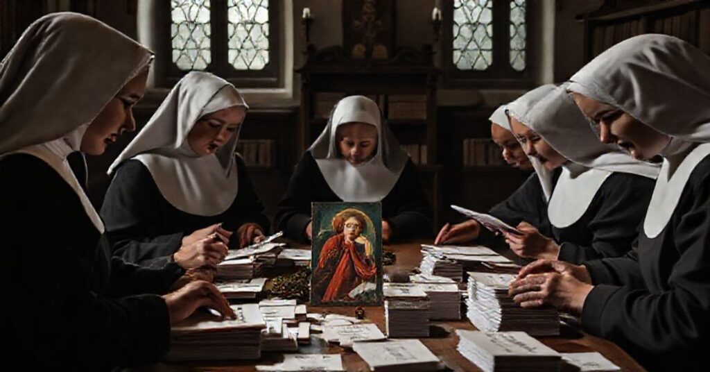 Religious sisters writing Christmas cards for abortion clinic workers in a convent's scriptorium.