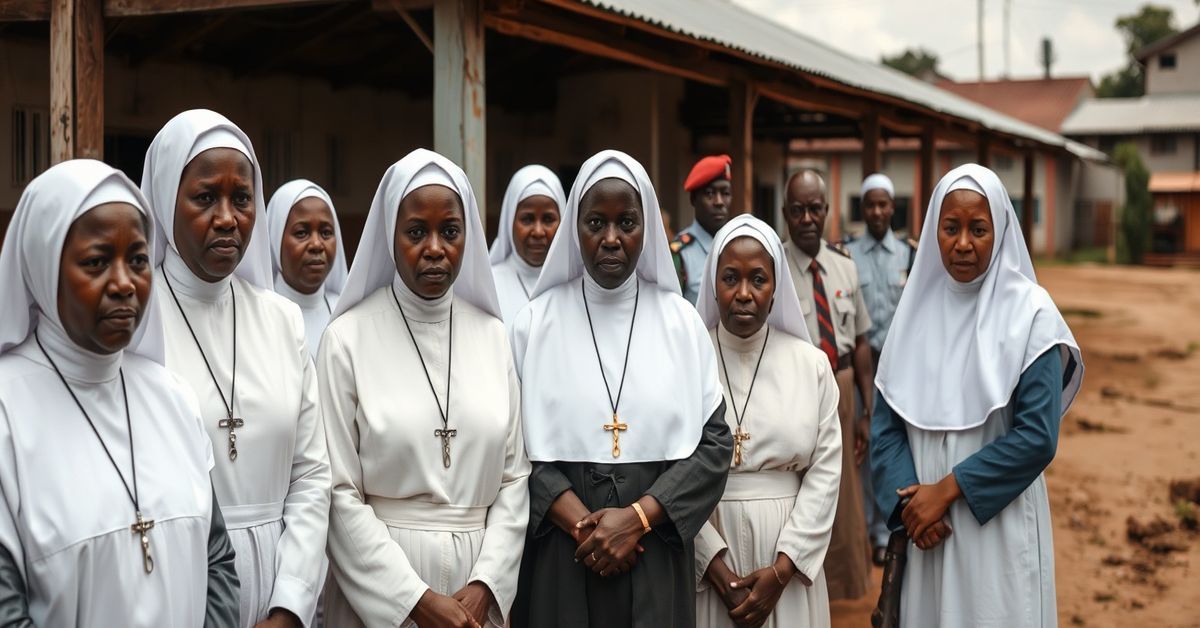 Catholic sisters in traditional habits collaborating with Kenyan government officials in a humanitarian workshop.