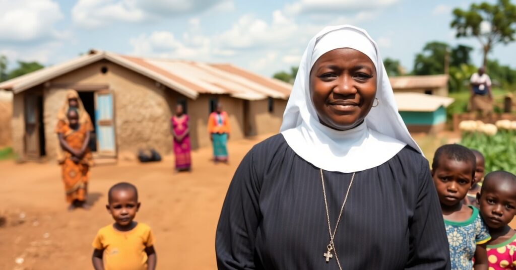 Sr. Selina Mbuli in traditional Catholic habit standing in a Kenyan village with local children and women, surrounded by medical facilities and eco-farms.