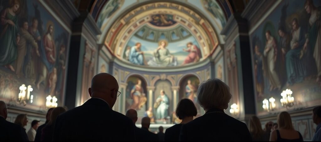 A solemn depiction of the Sistine Chapel exhibit in Sydney, highlighting the desacralization of sacred art by modernist clergy and politicians.
