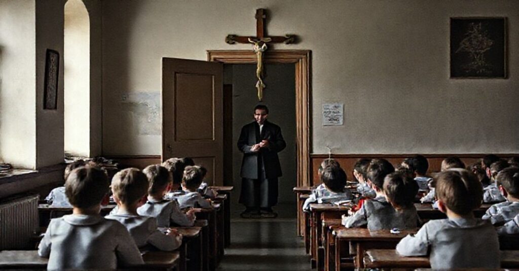 A solemn Catholic school classroom in Slovakia with children praying before a crucifix, symbolizing the oppression of Catholic education by the Slovak government.