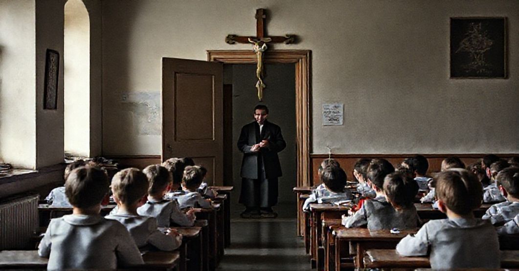 A solemn Catholic school classroom in Slovakia with children praying before a crucifix, symbolizing the oppression of Catholic education by the Slovak government.
