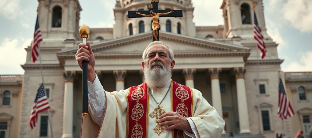 A Catholic bishop in liturgical vestments stands before a cathedral and government building, symbolizing the conflict between Christ's kingship and secular authority.
