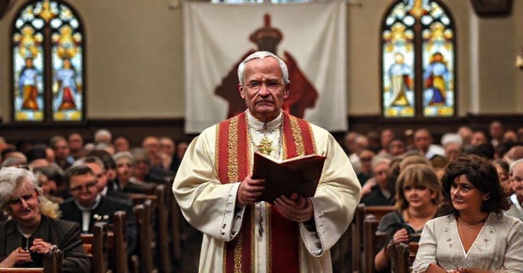 A solemn Catholic bishop in traditional garb addresses a concerned congregation in a traditional church setting, symbolizing the spiritual crisis of the synodal apostasy.