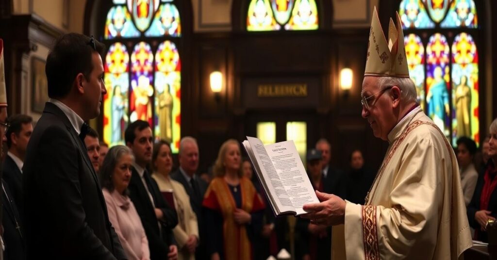 A solemn Catholic gathering emphasizing the Social Reign of Christ the King in a dimly lit church with traditional attire.