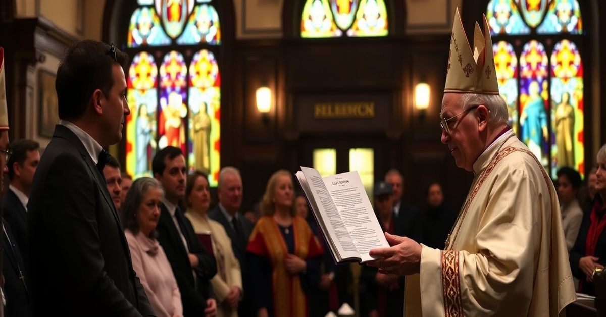 A solemn Catholic gathering emphasizing the Social Reign of Christ the King in a dimly lit church with traditional attire.
