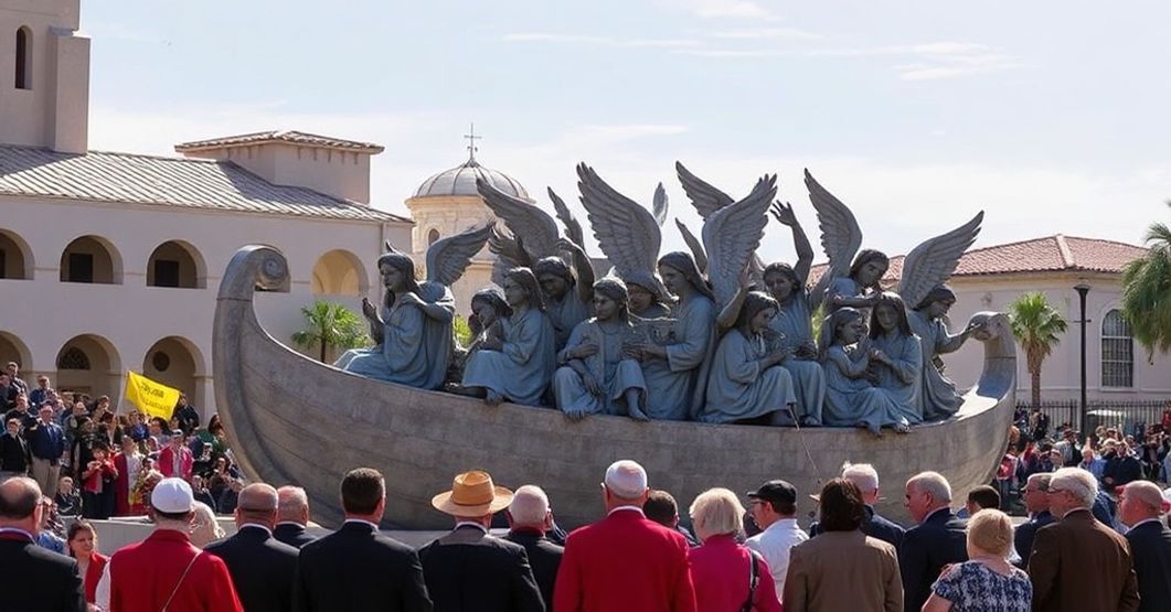 A solemn Catholic depiction of the controversial 'Angels Unawares' sculpture dedicated at the University of San Diego, showing 140 migrants with angel wings on a boat.