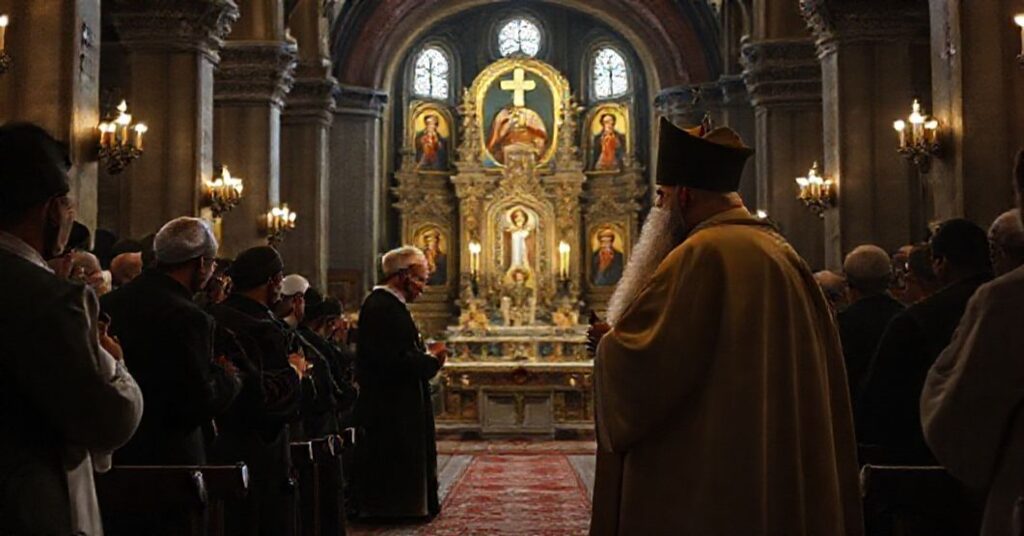 A solemn moment of prayer between a modernist "pope" and Ecumenical Patriarch Bartholomew I in the Patriarchal Church of Saint George in Istanbul, reflecting the betrayal of Nicene unity through ecumenism.