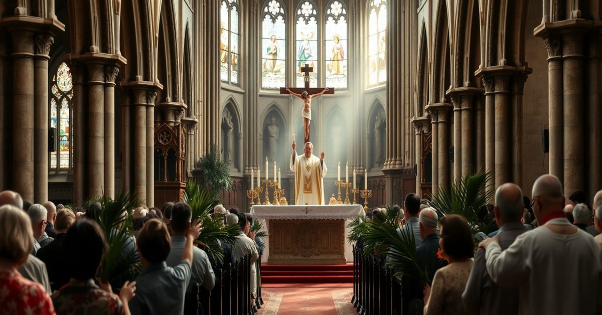A reverent Palm Sunday Mass in a historic Catholic cathedral, with a bishop in traditional liturgical vestments praying at the altar adorned with sacred items.