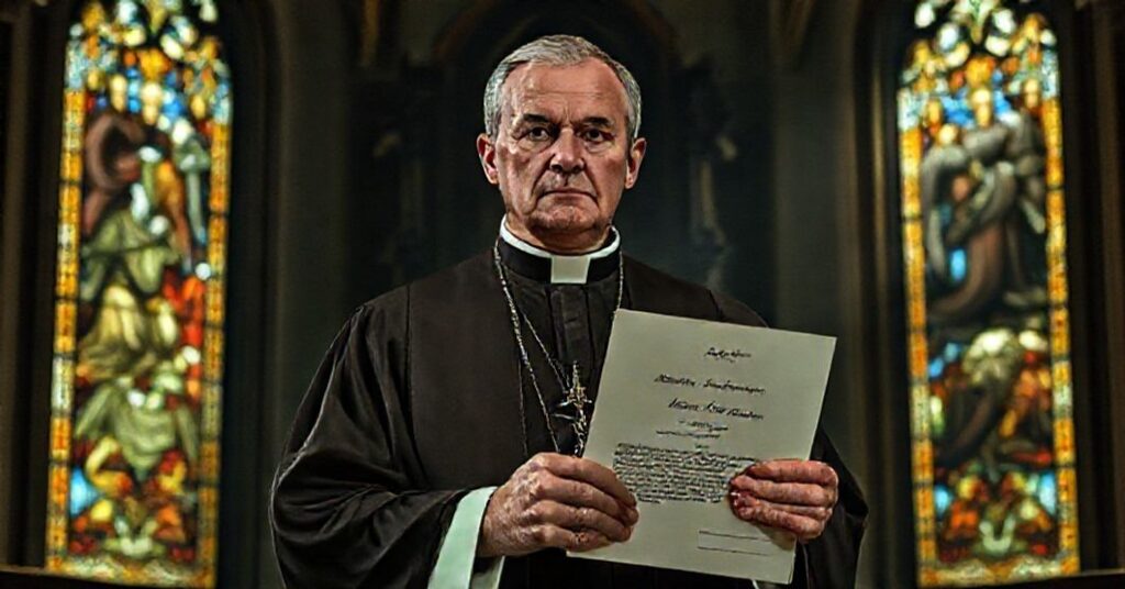 A solemn Catholic priest in traditional vestments holds a document with the name 'James A. Misko' and the title 'Bishop of Tucson', standing in a dimly lit church with stained-glass windows depicting scenes of apostasy.