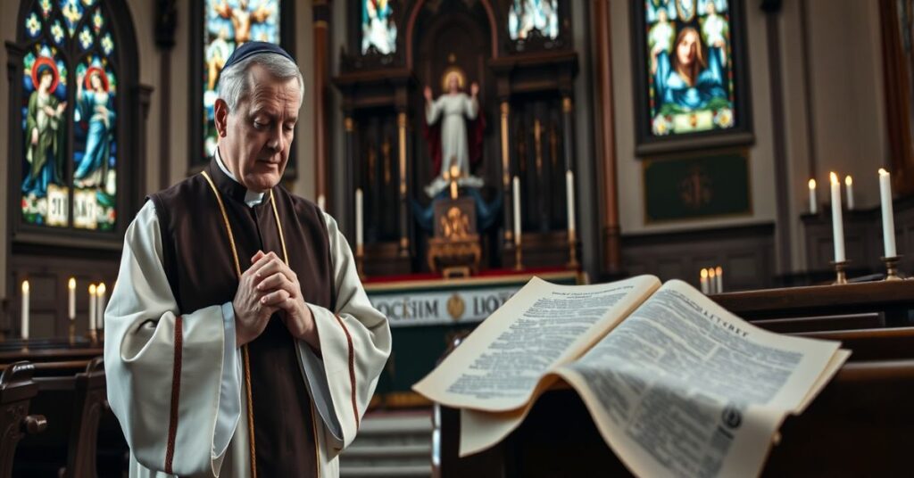 A solemn Catholic priest in traditional vestments prays before a tabernacle in a church adorned with sacred art and candles.