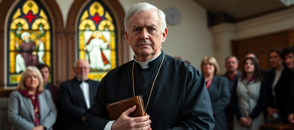 Traditional Catholic priest in solemn reflection amidst scandalous revelations about Peter's Pence funds.