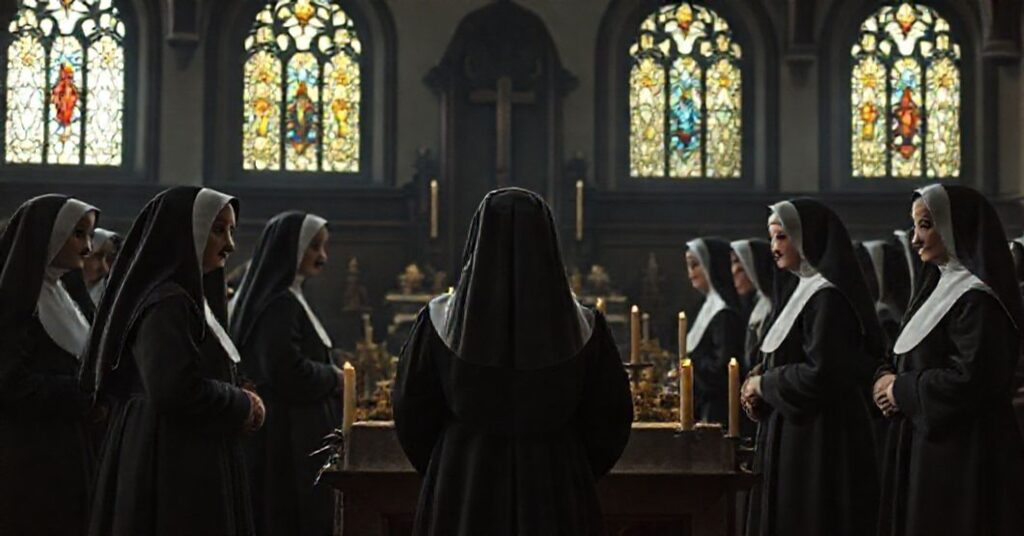 A group of nuns in historic habits standing solemnly in a dimly lit church, reflecting deep reverence and traditional Catholic religious life.