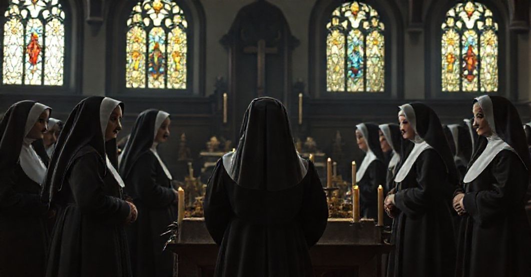 Solemn Religious Ceremony: Tradition and Reverence A group of nuns in historic habits standing solemnly in a dimly lit church, reflecting deep reverence and traditional Catholic religious life.