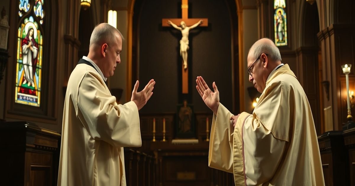A reverent depiction of traditional Catholic confession with a priest and penitent in a solemn church setting.