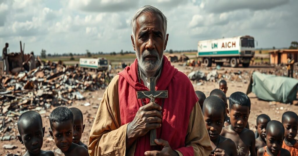 Catholic missionary in war-torn Somalia holding a crucifix amidst malnourished children and destroyed village, symbolizing the need for spiritual solutions over material aid.