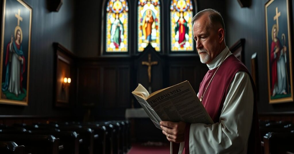 A solemn Catholic priest in traditional vestments gazing at a newspaper headline announcing 'Pope Leo XIV congratulates female Archbishop Sarah Mullally' in a dimly lit chapel.