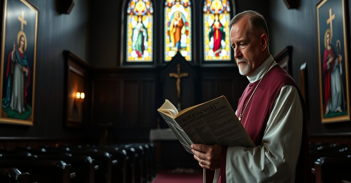 A solemn Catholic priest in traditional vestments gazing at a newspaper headline announcing 'Pope Leo XIV congratulates female Archbishop Sarah Mullally' in a dimly lit chapel.