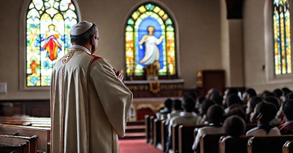 Catholic priest praying in a South African church with concerned parents and students outside