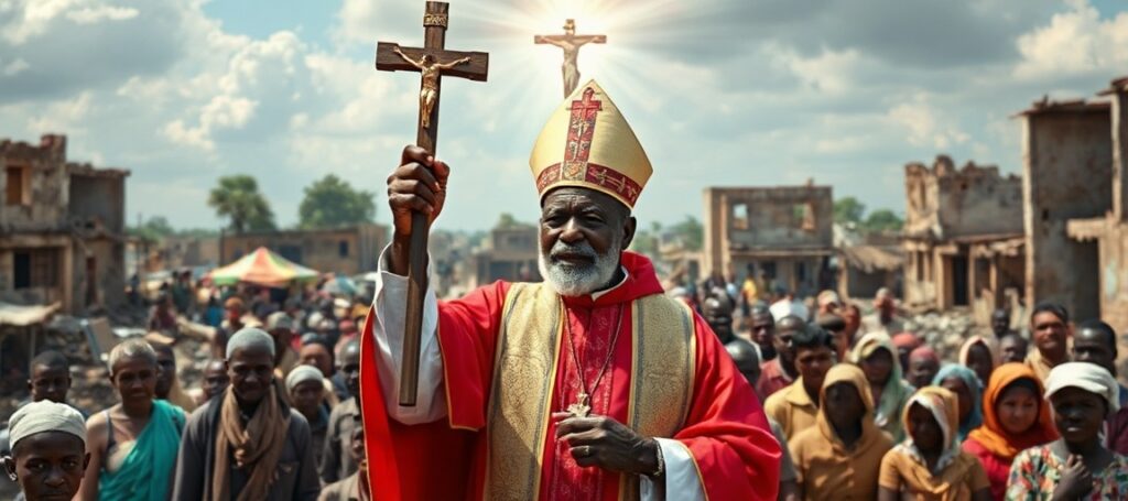 Bishop Eduardo Hiiboro Kussala standing in a war-torn village in South Sudan, holding a crucifix high with Christ the King enthroned in the heavens above.