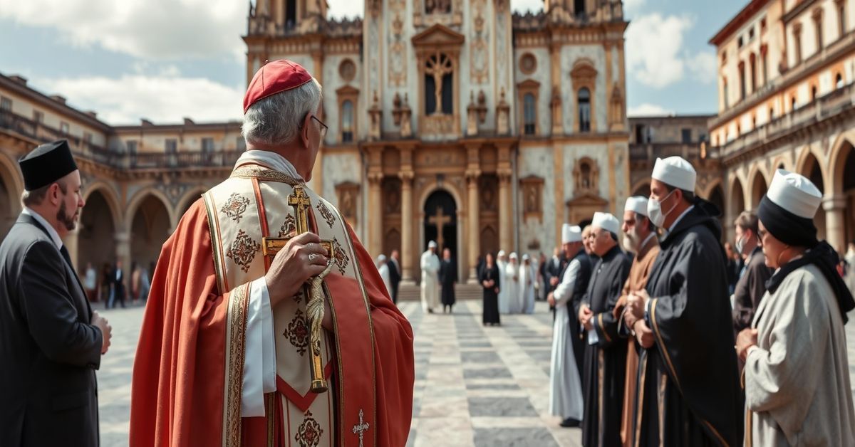 Catholic bishop in traditional vestments stands solemnly before Muslim leaders in a Spanish plaza, symbolizing the betrayal of Christ the King through interreligious dialogue.