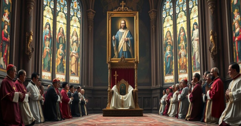 Spanish bishops kneeling before an empty papal throne in a grand cathedral, reflecting their cowardice before the apostate 'Leo XIV'.