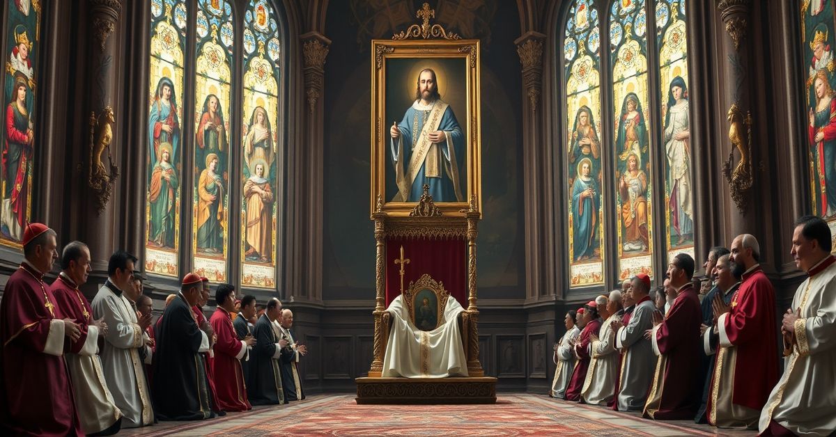 Spanish bishops kneeling before an empty papal throne in a grand cathedral, reflecting their cowardice before the apostate 'Leo XIV'.