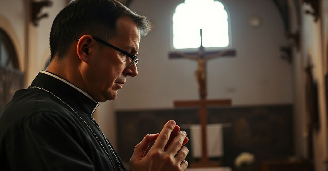 A traditional Catholic priest in solemn prayer before a wooden cross, reflecting on the martyrdom of Spanish clergy during the Asturian socialist uprising.