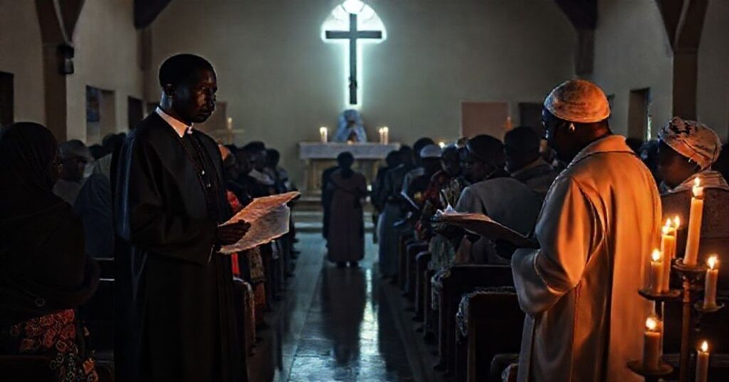 A solemn gathering of parents and clergy at St. Mary's Catholic School in Nigeria's Kontagora Diocese, highlighting the spiritual abandonment of the conciliar sect during a kidnapping crisis.