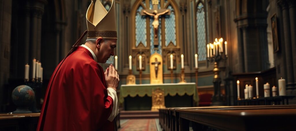 Traditional Catholic priest kneeling in prayer before an altar in a dimly lit church, symbolizing spiritual bankruptcy and the need for supernatural remedies.