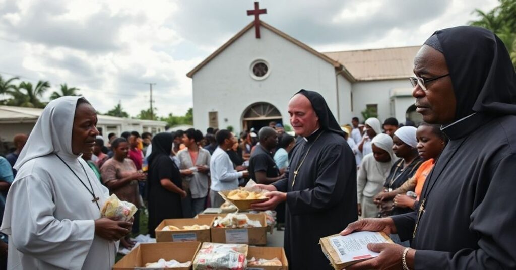 Dominican and Franciscan friars in traditional habits distributing aid in hurricane-ravaged Jamaica, emphasizing the absence of sacramental life and spiritual direction.