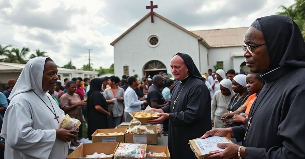Dominican and Franciscan friars in traditional habits distributing aid in hurricane-ravaged Jamaica, emphasizing the absence of sacramental life and spiritual direction.