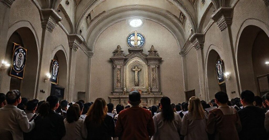 A solemn scene depicting the spiritual decay of Lebanon through a 170-hour Christmas hymn recital at Sacred Hearts School in Kfardebian.