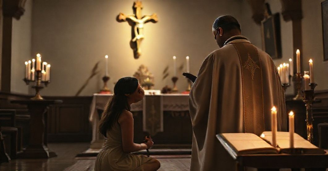 A prayerful mother seeking true penance at a traditional Catholic altar under sedevacantist guidance.