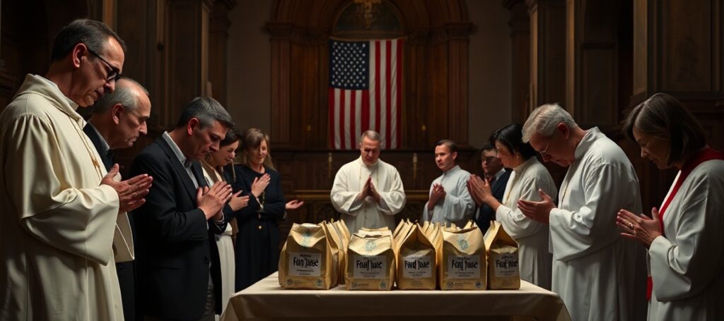 Catholic clergy and laypeople praying in a chapel with Food for Peace aid packages, symbolizing the spiritual bankruptcy of secular humanitarian efforts.