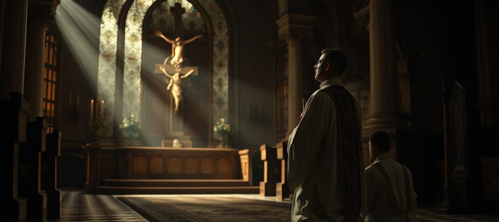 A Catholic priest in traditional vestments kneeling in prayer before a crucifix in a dimly lit church, symbolizing the spiritual battle against modern apostasy and the call for true penance.