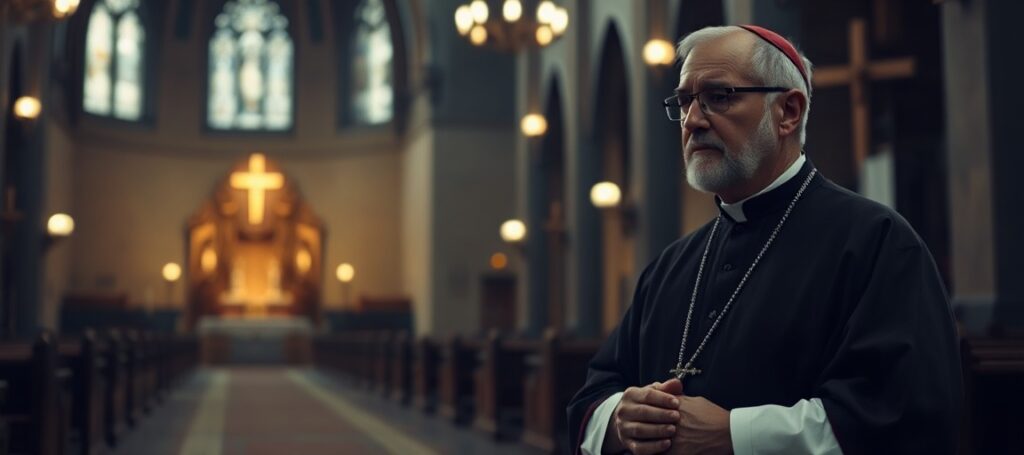 A solemn Catholic priest in a traditional church, symbolizing the spiritual crisis caused by modern technology and apostasy.