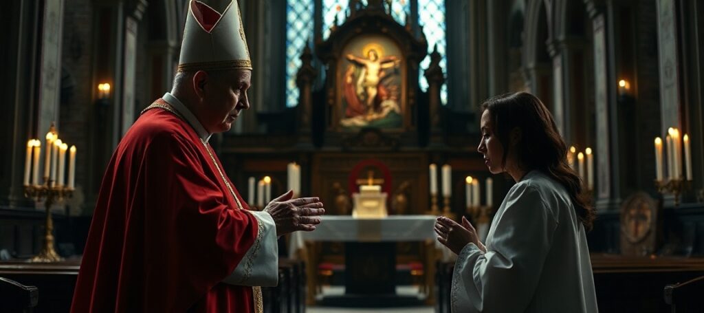A somber image of a traditional Catholic ordination ceremony in a historic church, reflecting spiritual crisis and loss.